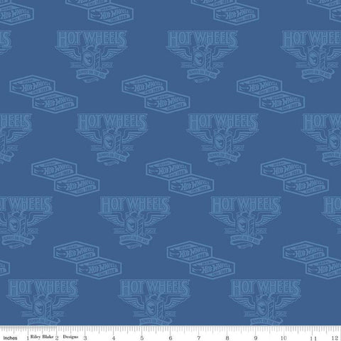 1 Yard End of Bolt - CLEARANCE Hot Wheels Classic Vintage Decals C11482 Blue - Riley Blake - Vintage Cars Tone-on-Tone - Quilting Cotton